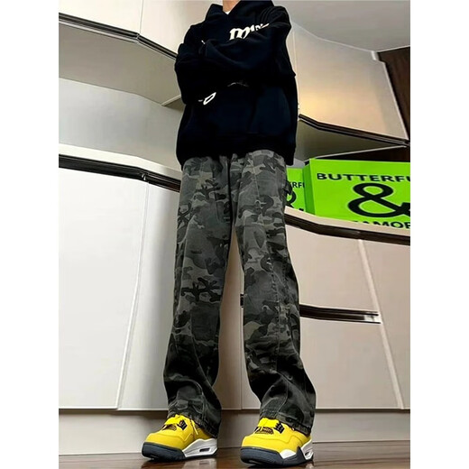 Digada Camouflage Hosen für den Frühlings- und Herbst-Sommer für Männer, neue, schlanke Lumberjack American High Street Gerade-Flüssigkeits-Jeans DFFS-671 Tarn 2xl