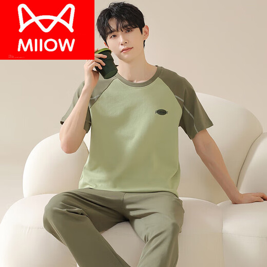 猫人（MiiOW）男士睡衣男款夏季纯棉短袖长裤薄款夏天青少年家居服套装 F 13603 L