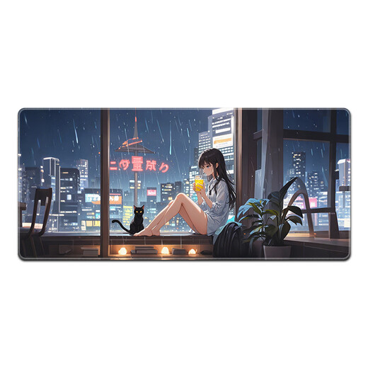 汝沁莲游戏二次元动漫鼠标垫超大号男女生工位办公电脑书桌垫电竞键盘垫加厚锁边高颜值支持定制防滑耐磨 14126都市夜雨 长1000mmX宽500mmX厚5mm