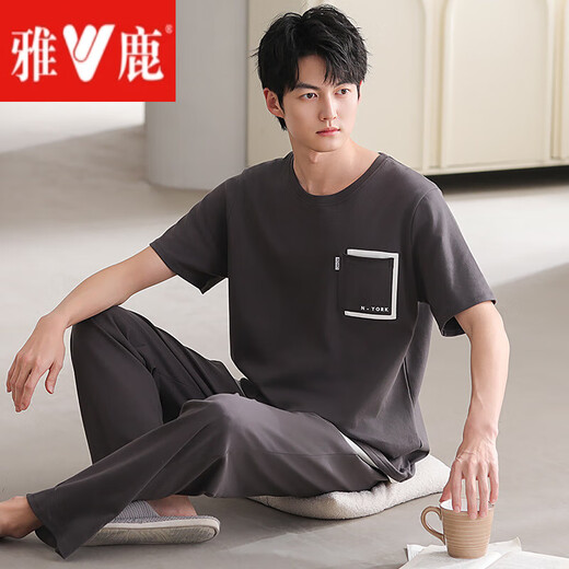 雅鹿可外穿纯棉男士睡衣男款夏季短袖大码棉男生家居服套装 G12014 XL