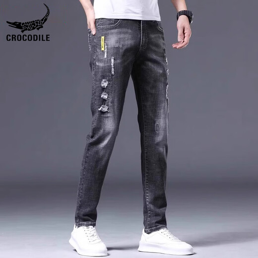 科加斯鳄鱼 CHOGATH CHOGATH CROCODILE鳄鱼恤品牌破洞牛仔裤男士夏季薄2025新款修身小脚裤休闲长裤子男 6636黑色加绒 28 90-105斤