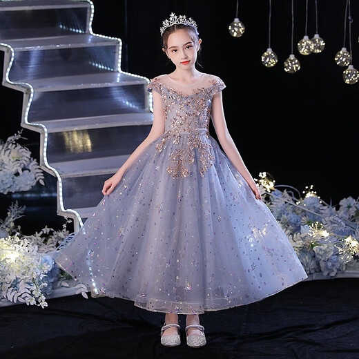 Little Kayi Girl Girl Princess Falda Cumpleaños Falda Hopfy Host Niños Vestidos de noche Piano ropa Flower Flower Children Boda Summer Noble Azul 1591 MANEVELESS Long Style 130