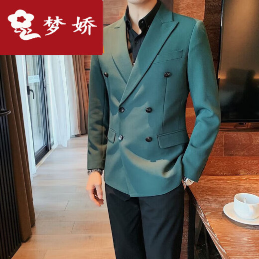 梦娇双排扣休闲西装外套男春秋高级英伦商务单西潮流修身男士西服套装 X829双排扣西装_大气黑 2XL_[高品质]