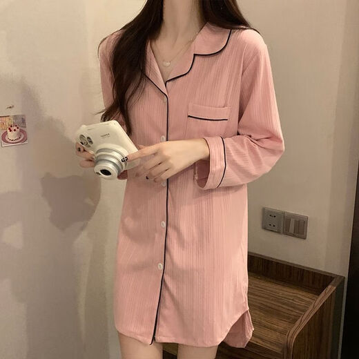COLORFUL GEMS bean paste color pajamas for women new long-sleeved nightgown home clothes spring, summer and autumn boyfriend style 681# bean paste color shirt skirt 180 XL (110-125Jin[Jin equals 0.5 kg])