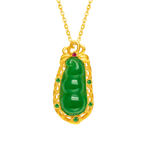 Mingzuan International 18K gold pendant for women au750 Hetian jade inlaid style national style pod pendant neckband for girlfriend birthday gift