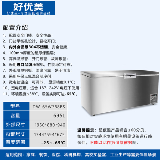 Haoyoumei Ultra-niedriger Temperatur Gefrierschrank-80 Grad Schnellgefrierschrank tief kalte Kälte mit Meeresfrüchten aus Edelstahl ausgestattet.