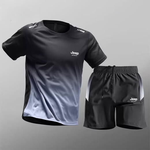
JEEP SPIRIT Jeep Ice Silk Set Men's 2025 Summer New Short Sleeve T-Shirt Men's Running Fitness Basketball Quick Dry Sportswear 9901 Black and Gray Set XL