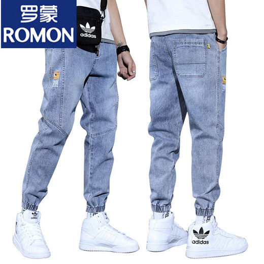 
ROMON light blue nine-point stretch casual tying jeans men's loose slim summer thin Harren tool pants blue 901 XL (120-140Jin [Jin equals 0.5 kg])