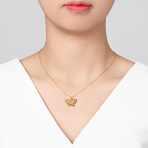 Mingzuan International 18k gold butterfly pendant women's lacquered au750 enamel pendant new Chinese style neckband as a birthday gift for girlfriend