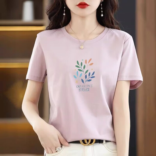 TAGD light luxury high-end brand simple pure cotton short-sleeved 2025 summer new fashion Korean printed short-sleeved T-shirt for women 6193 powder M