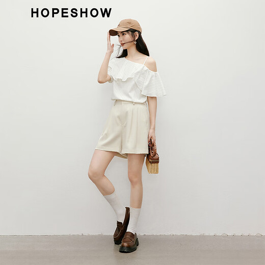 
Red sleeve retro striped shirt 2025 summer new women's clothing straight asymmetric lotus leaf collar off-shoulder slim short top Coffee strip 721 L