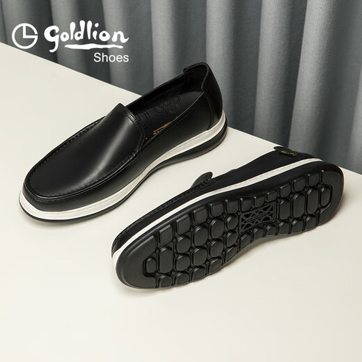 Goldlion Men's Shoes Shopping Mall Same Style Leather Shoes Light Cushioning Breathable Sleeve Business Casual Shoes G255410134AAB Black 41