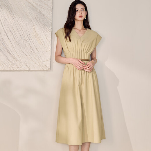 ROEYSHOUSE罗衣知性卡其色V领连衣裙女2025夏季新款休闲大摆显瘦中长裙12149 卡其色 XL