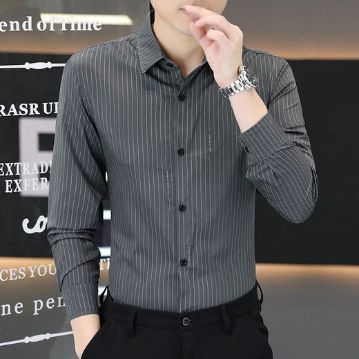罗蒙2025秋季新款花衬衫男士帅气个性商务衬衣波浪条纹长袖时尚上衣 6167黑色 M  95-110斤