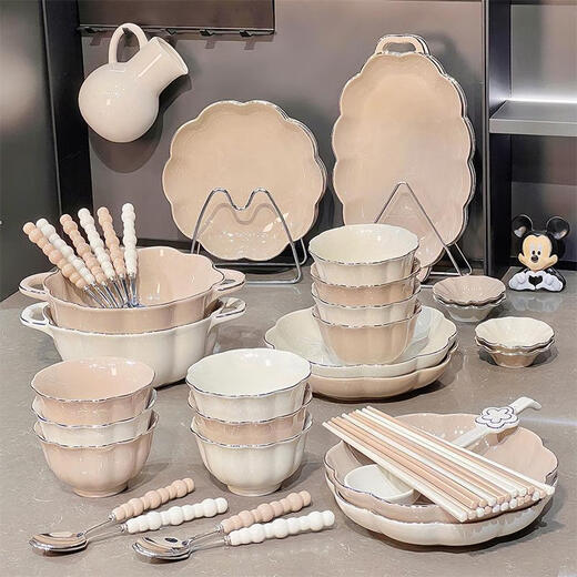 语森忆碗盘套装家用款中式餐具感釉下彩碗碟碗筷乔迁 描金款4-6人食礼盒装1355 0头