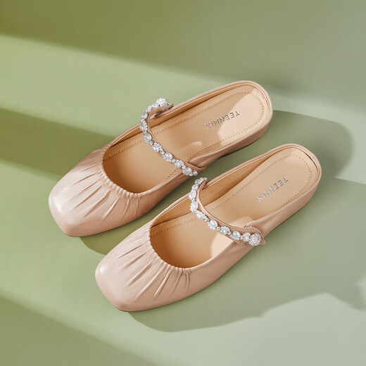 Tianmeiyi Mules shoes with height-enhancing women's sandals mall same French bag-toe half slippers 2025 summer BK841BH5 beige (sheepskin) recommended to take a larger size 37