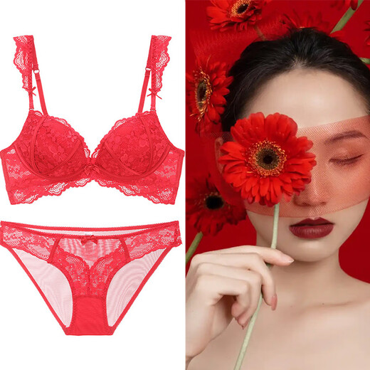 Victoria Palace Wireless Underwear, Small Breasts Gathering and Enlarging, Secondary Breast Adjustment Bra, Sexy Lace White Inner Set, Red Set 75C/34