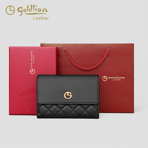 金利来（Goldlion）新款时尚真皮女钱包简约三折卡包小零钱 黑色