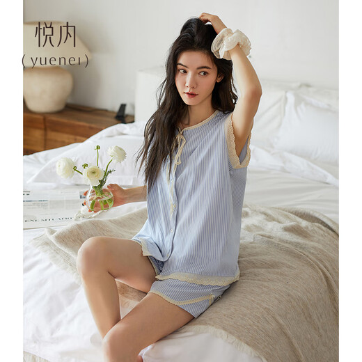 悦内带胸垫睡衣女士夏季夏天无袖背心短裤舒适纯棉家居服休闲条纹薄款 B23522泡泡蓝【带胸垫】 2XL (175) 【体重140-160斤】