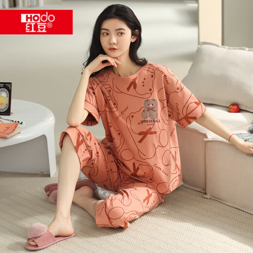 Sitio web oficial de Hongdou (HODO) [recomendado por la madre central] Pajama de bandera de la tienda Fangchuan para mujeres en verano, primavera y otoño algodón puro pantalones cortos de algodón corta de algodón Conjunto de ropa para el hogar YZT9854 M [recomendado 80-95 Jin [Jin equivale a 0.5 kg] ropa]
