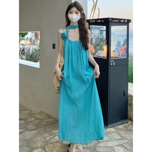 Quchen beach skirt skirt dress vacation style dress seaside dress suspender dress blue dress beach dress (lake blue) M (85-100Jin [Jin equals 0.5 kg])