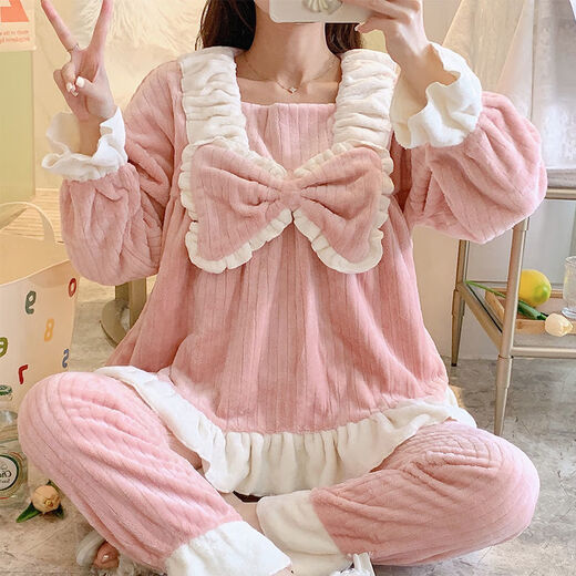 FHHUABD睡衣女秋冬季法兰绒韩版甜美卡通公主风家居服珊瑚绒加厚保暖套装 【9934绒】粉色蝴蝶结 M
