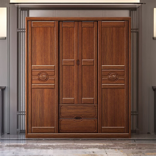 
Youkaji walnut solid wood wardrobe modern Chinese sliding door four-door multi-functional large wardrobe 829# Four door + side + top