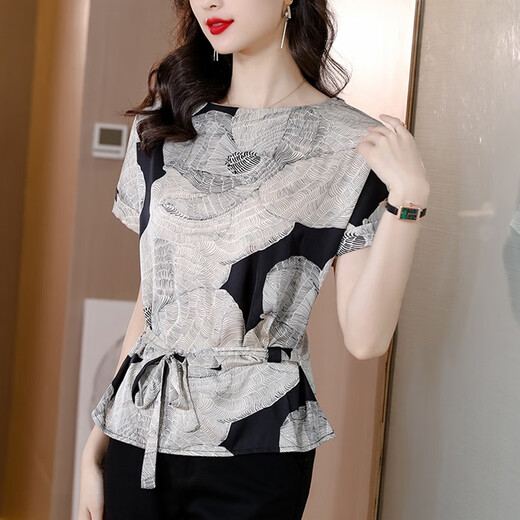 Camiseta de manga corta de seda genuina con contador de alta gama de pájaro carpintero para mujer 2025 verano nuevo estilo camisa de estilo de moda seda de morera de alta gama 9913 Mariposa colorida M