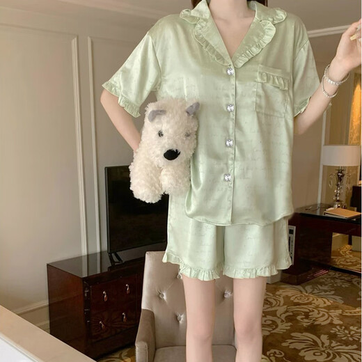Modal Pyjamas für Frauen im Sommer, Ice Seide Cool und White Feel Green Home-Kleidung kurzärmelige Anzüge können außerhalb von 9221 Green M getragen werden [vorgeschlagen 80-95 Jin [Jin entspricht 0,5 kg]]