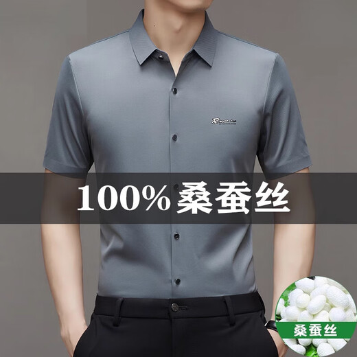 Hengyuanxiang Summer Mulberry Silk Camiseta de manga corta para hombres sin trazados y sin hierro Camisa informal de mediana edad de mediana edad de mediana pulgada 9719 Royal Blue M 16595-120Jin [Jin equivale a 0.5 kg]