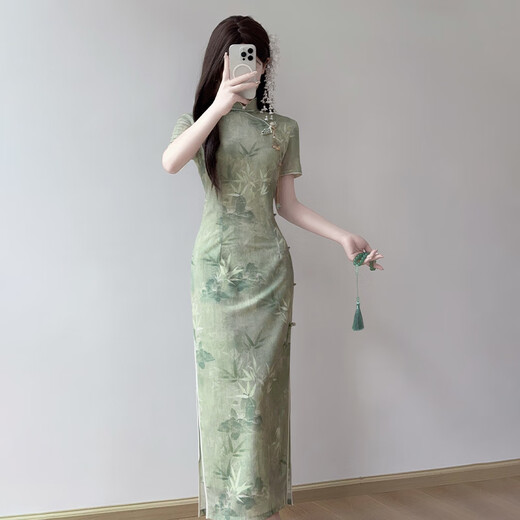 以欧（YIOU）复古旗袍年百搭夏季少女国风改良版新中式绿色送考高考连衣裙9713 图片色 2XL