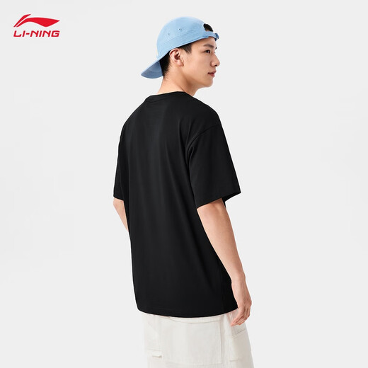 Li Ning quick-drying T-shirt丨Anti-bacterial cool round neck short-sleeved T-shirt men's summer outdoor printed casual loose sports top [pattern LOGO high elastic anti-wrinkle] Black 829-2 S