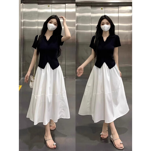 
Han Qiumeng light-mature salt-style outfit set for women's summer large-size waist-retracting top with skirt French fashion two-piece set 9926 black top M