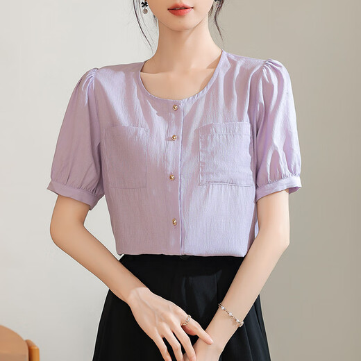 皮尔卡丹（pierre cardin）法式气质圆领短袖衬衫女2025夏季新款简约百搭衬衣设计感小众上衣 3294米白质量 S 建议95斤以内