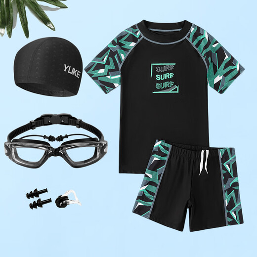 He Jiagong Teenage Children's Swimsuit Male Junior High School Student Exam Training Fat Boy Children's Swimming Cap and Swimming Goggles Three-piece Set Black and Green + Swimming Cap + Swimming Goggles Earplugs and Nose Clip S (45-65Jin Jin equals 0.5kg) 165