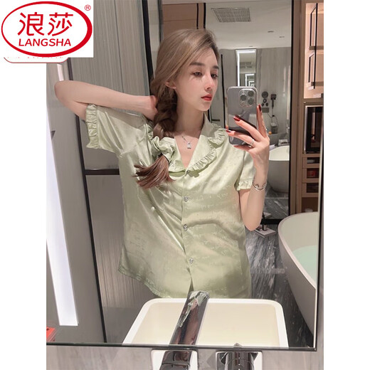 Langsha 2025 Новая пижама для женщин Лето-костюм Thin Cool Ice Silk Silk с короткими рукавами в стиле принцессы Ruffled Ruffual Home Clothing WLW-9221 [Шорты с короткими рукавами] M [Предлагается 80-100JIN [JIN равен 0,5 кг]]]