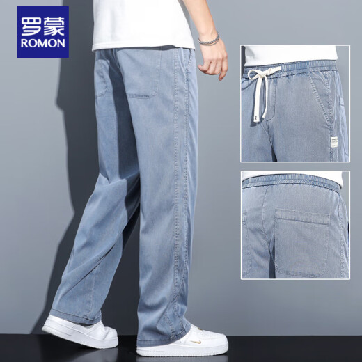 罗蒙（ROMON）夏季透气天丝牛仔裤男士宽松直筒休闲阔腿裤男超薄冰丝潮牌长裤男 1048黑色 单条 4XL 190-210斤