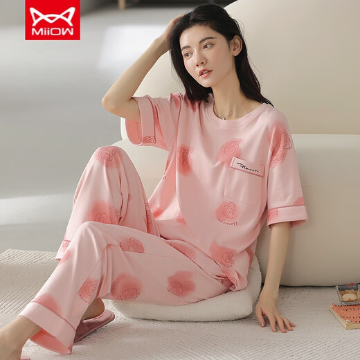 猫人（MiiOW）睡衣女夏季纯棉短袖长裤薄款纯棉夏天女士家居服套装春秋季 YZT9716 短袖长裤 M 80-100斤