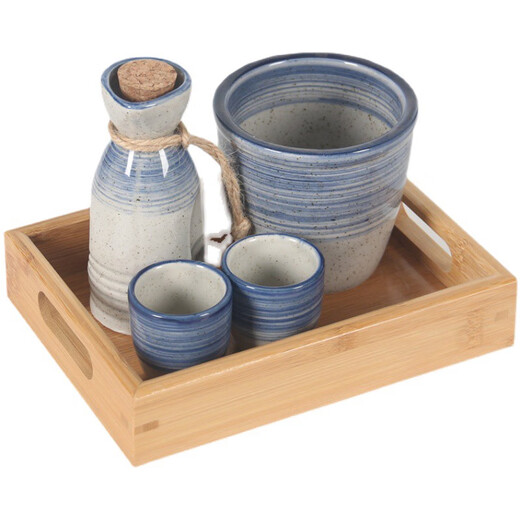 Retro old-fashioned ceramic sake pot, wine cup, wine warmer set, household wine divider, white wine cup, spirit cup with tray, Pinlian 6 two pots with 6 cups + wine warmer + tray. Collect