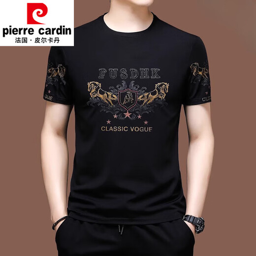 皮尔卡丹（pierre cardin）新款短袖t恤男士冰丝半袖夏装卫衣丝光棉刺绣宽松中年上衣服潮 X733黑色 M 165M建议100-120斤