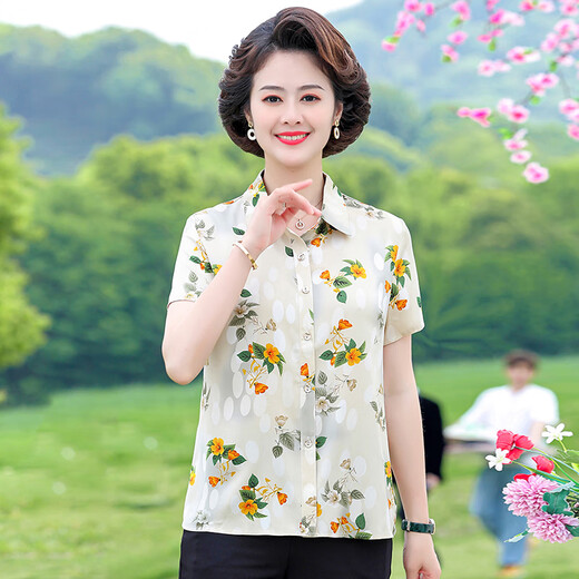 芳嫔有领子的女上衣t恤短袖装夏季高档衬衣时尚印花轻士翻领花色冰丝 6623红色 XL90-105斤 均码
