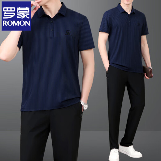 罗蒙（ROMON）爸爸夏装套装父亲夏季冰丝短袖t恤中老年休闲运动服套装男士速干 756海蓝【短袖+长裤】 2XL
