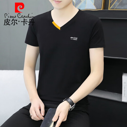 
Pierre cardin summer new men's pure cotton V-neck half-sleeved T-shirt trendy casual letter printing chicken heart neck short-sleeved T-shirt 691 black L 100-120Jin [Jin equals 0.5 kg]