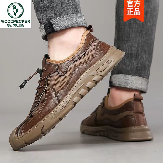 Woodpecker [handmade online] Summer sandals men's mesh hole shoes men's genuine leather casual leather shoes breathable men's shoes 6628 black 38