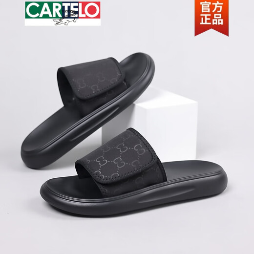 卡帝乐鳄鱼（CARTELO）拖鞋男夏季2025新款时尚百搭软底沙滩鞋男士外穿防水防臭一字拖鞋 黑色6189 38