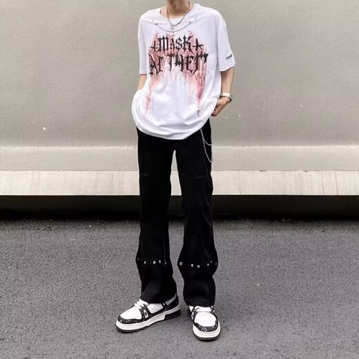 黑盒白美式高街设计感排扣牛仔裤男士春夏季ins潮牌直筒宽松微喇长裤子 DFFS-756黑色 XL