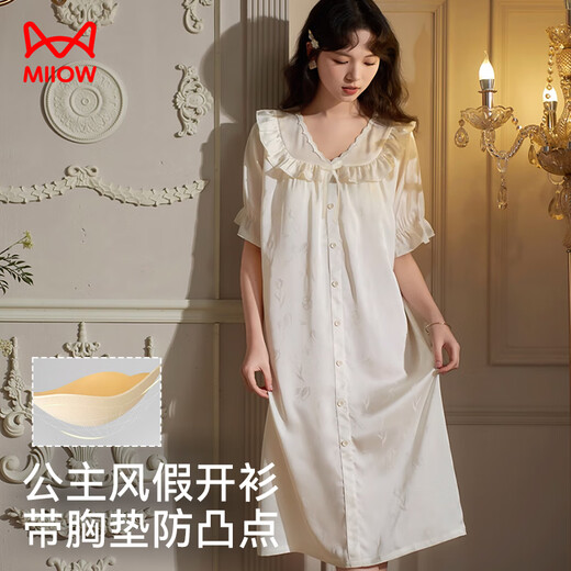 
Cat men women's pajamas ice silk nightgown for women in summer cool feeling with chest pad French white pure lace short-sleeved home clothes