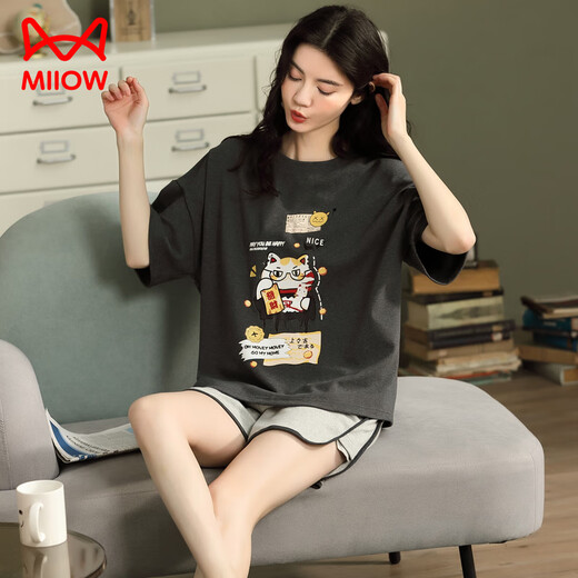 
Catman (MiiOW) pajamas for women in summer pure cotton cute short sleeve thin two-piece set Korean style fashionable spring and summer home clothes can be worn outside. Marine green Y687 M (recommended 75-95 Jin [Jin equals 0.5 kg])