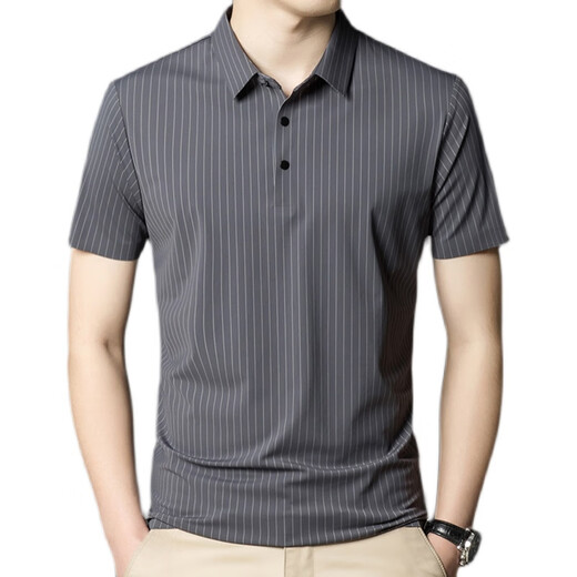 
Hengyuanxiang summer lapel traceless short-sleeved T-shirt men's vertical striped casual polo shirt thin elastic ice silk half-sleeved 6996 gray M 165