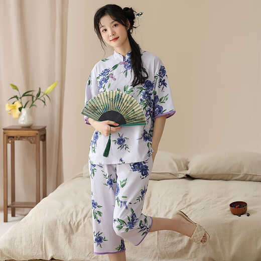 2025年新款睡衣女夏天短袖套装国风针织棉七分裤休闲家居服可外穿 9902 M 【80-100斤】